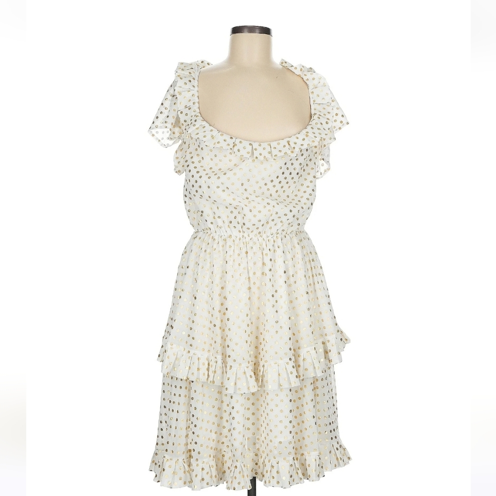 Lexi By Egreis Ivory and Gold Polka Dot Dress Ruffles, Size M, L